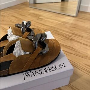 JW Anderson Brown Suede Loafers with Silver Chain